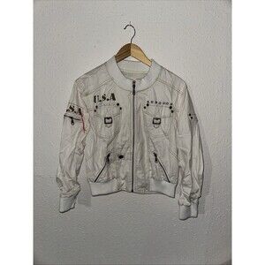 Double D Ranch Women’s Full Zip Up USA Bomber Jacket White On Gold Stitch XL